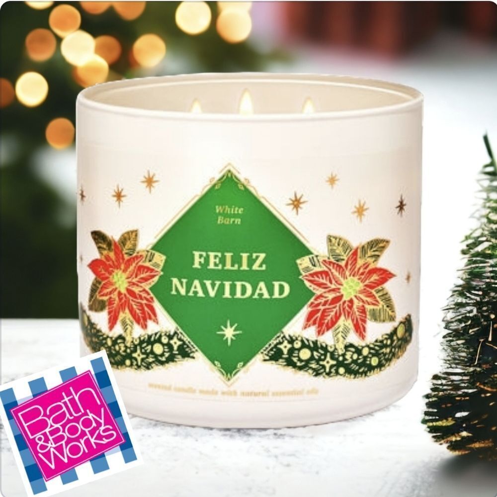 White Barn Bath & Body Works Feliz Navidad Glass Lid 3 Wick Candle Christmas